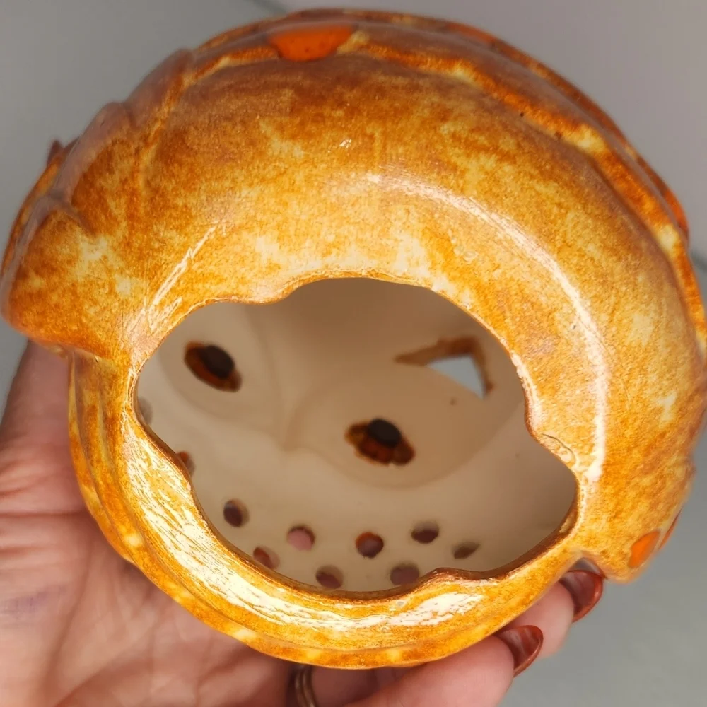 Ceramic owl drip glaze orange luminaria retro orange tealight‎ candle holder